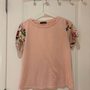 SHEIN Pink Boxy Embellished Tee with Green Floral Sleeves